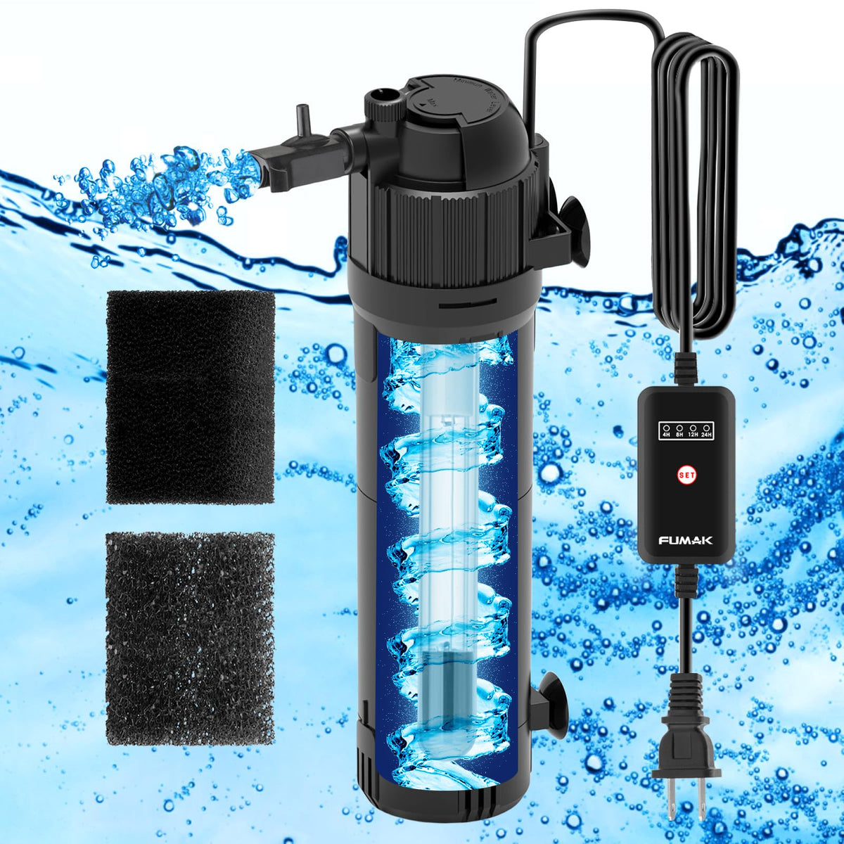 FUMAK U-V aquarium filter demonstrates max flow for strong water circulation.