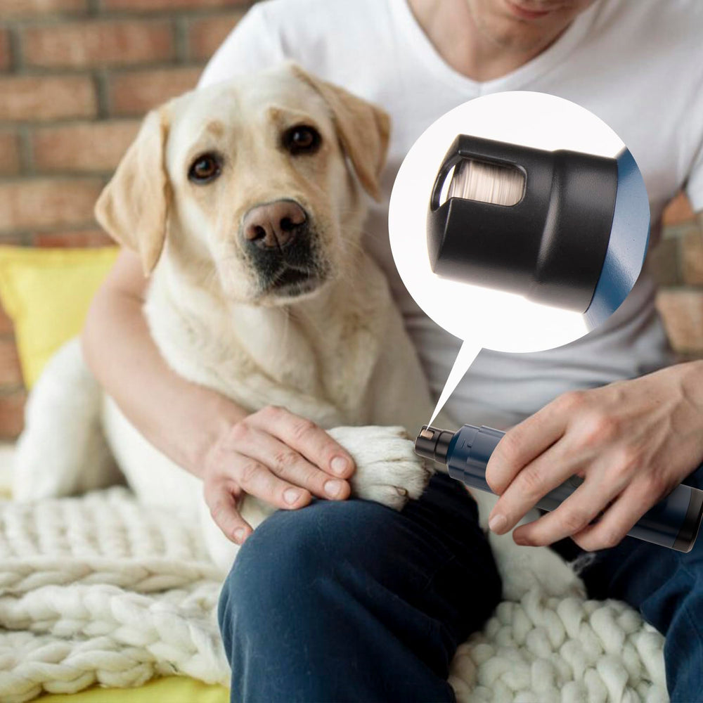 Fumeister blue pet nail grinder close-up shows portable cordless convenience