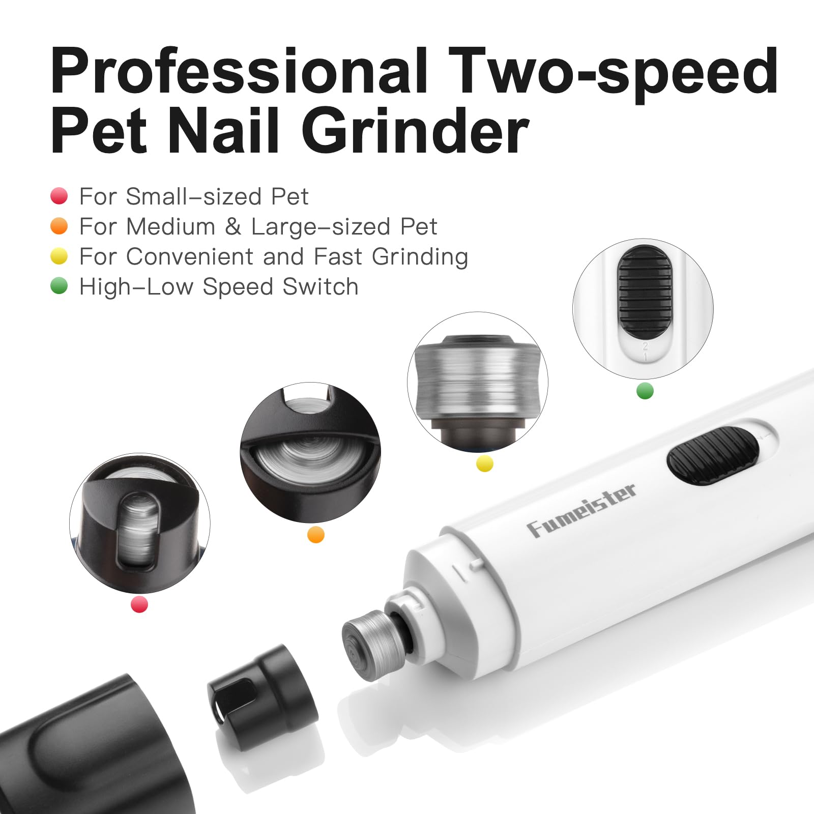 Fumeister nail-grinder-2-speed provides gentle or strong trims for dogs and cats