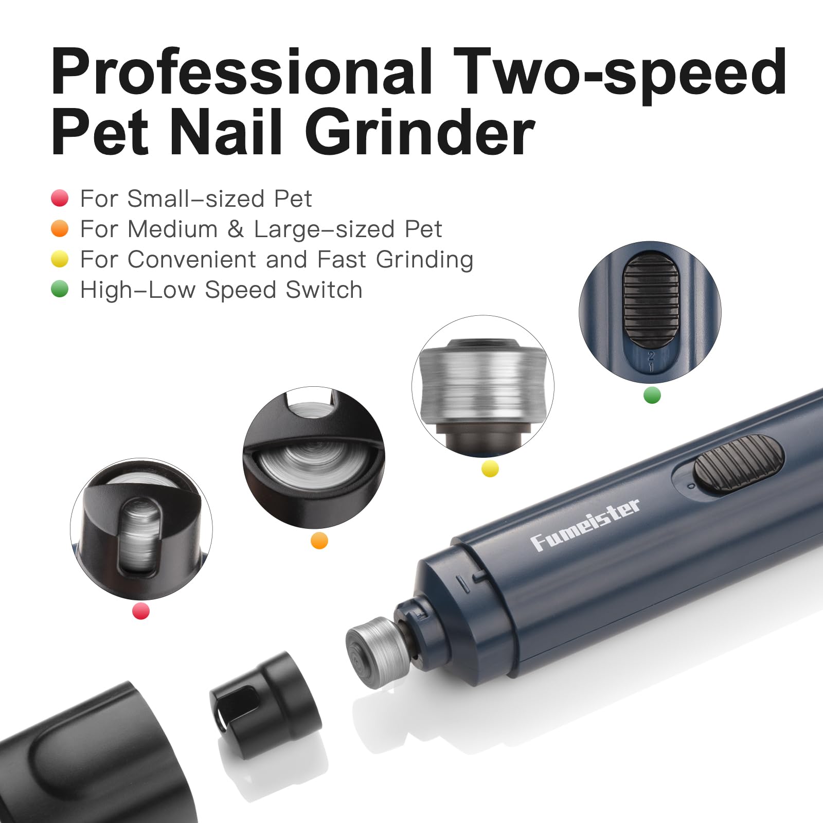 Fumeister pet nail grinder with two-speed option for gentle or firm trimming