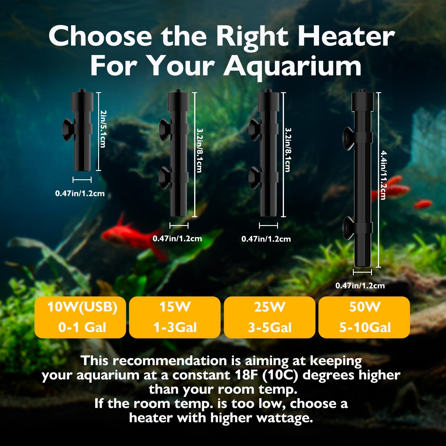 FUMAK mini heater suits freshwater and marine tanks, turtles, fountains, and seedlings.