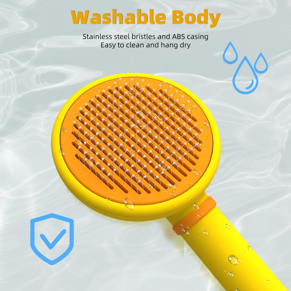 Funbuddy Cat Brush cleaning process shows one-click hair removal.