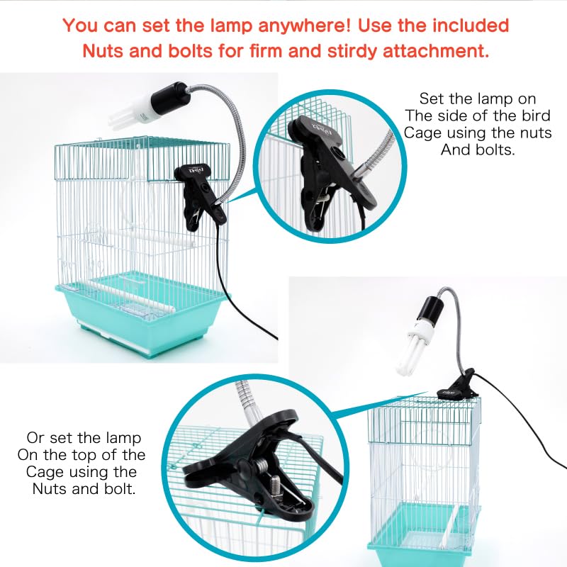 FUNKS TORITOMOSU UVB light in cage-use scenario with perches.
