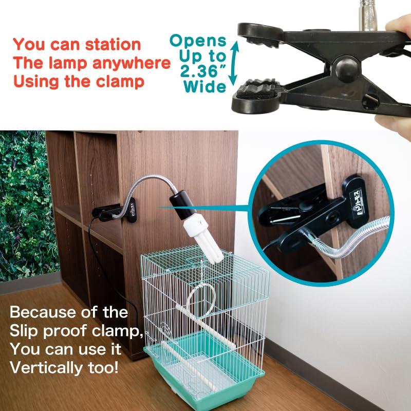 FUNKS TORITOMOSU bird light mounted on cage with flexible clip.