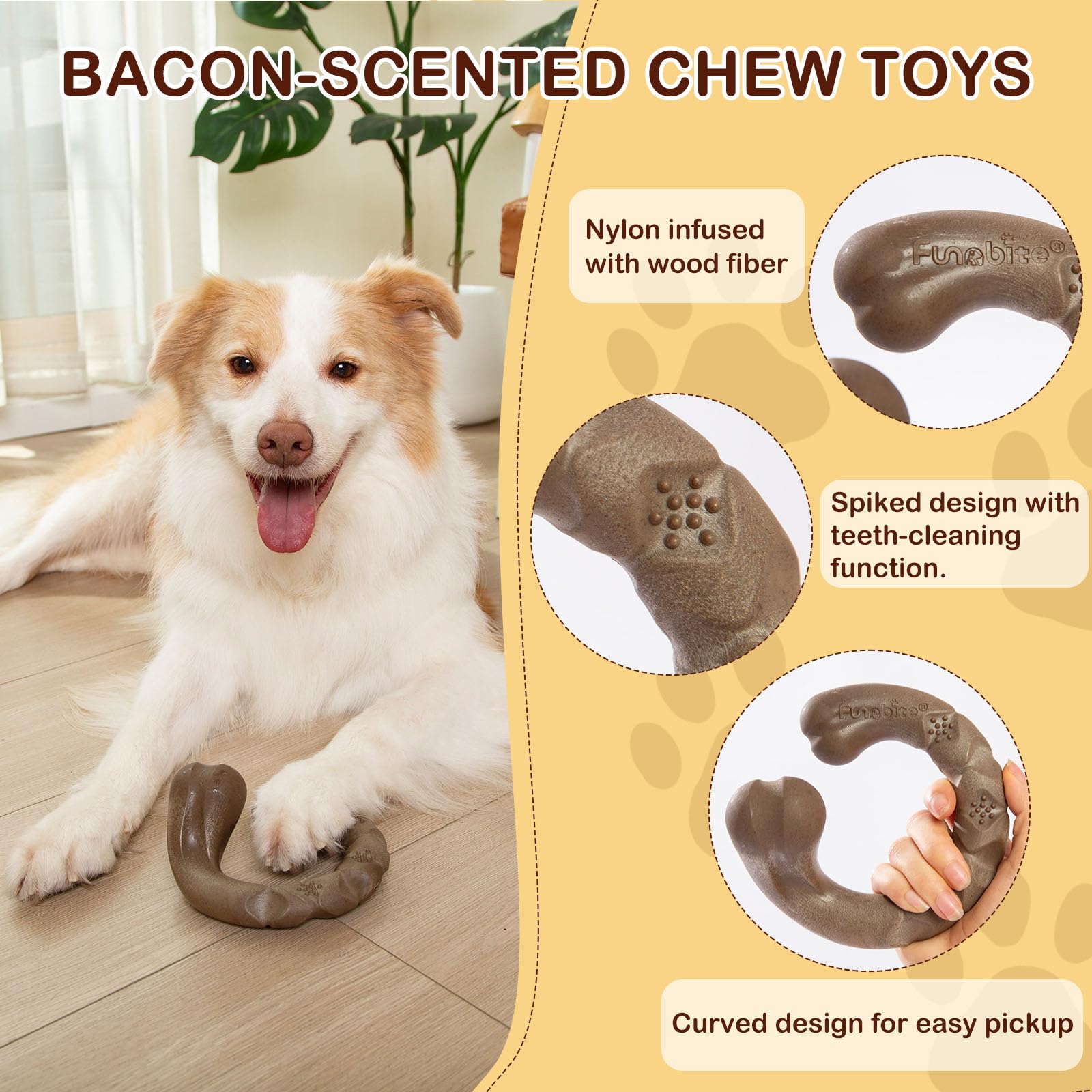 Funnbite Tough Dog Toy bacon-scented curved bone closeup texture highlights spikes for dental-friendly chewing.