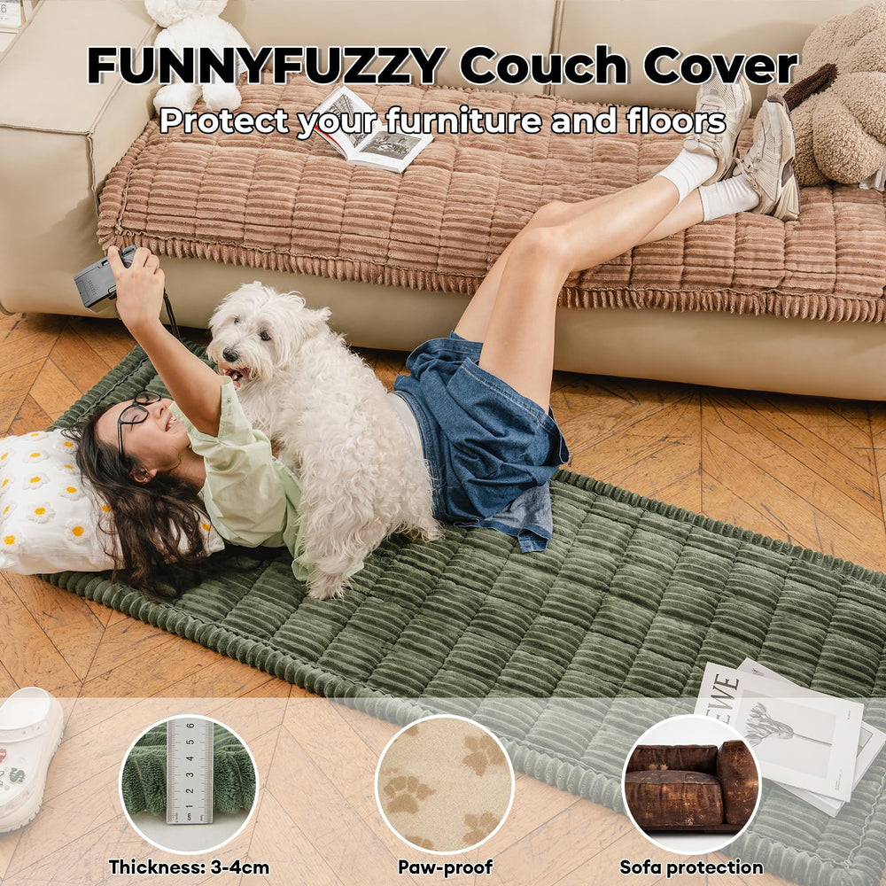Funny Fuzzy couch cover on sofa with non-slip bottom ensures secure fit.