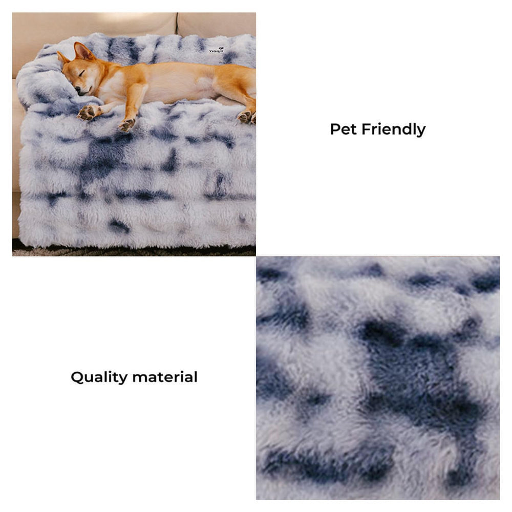 Funny Fuzzy couch cover on sofa demonstrates protective pet friendly furniture guard