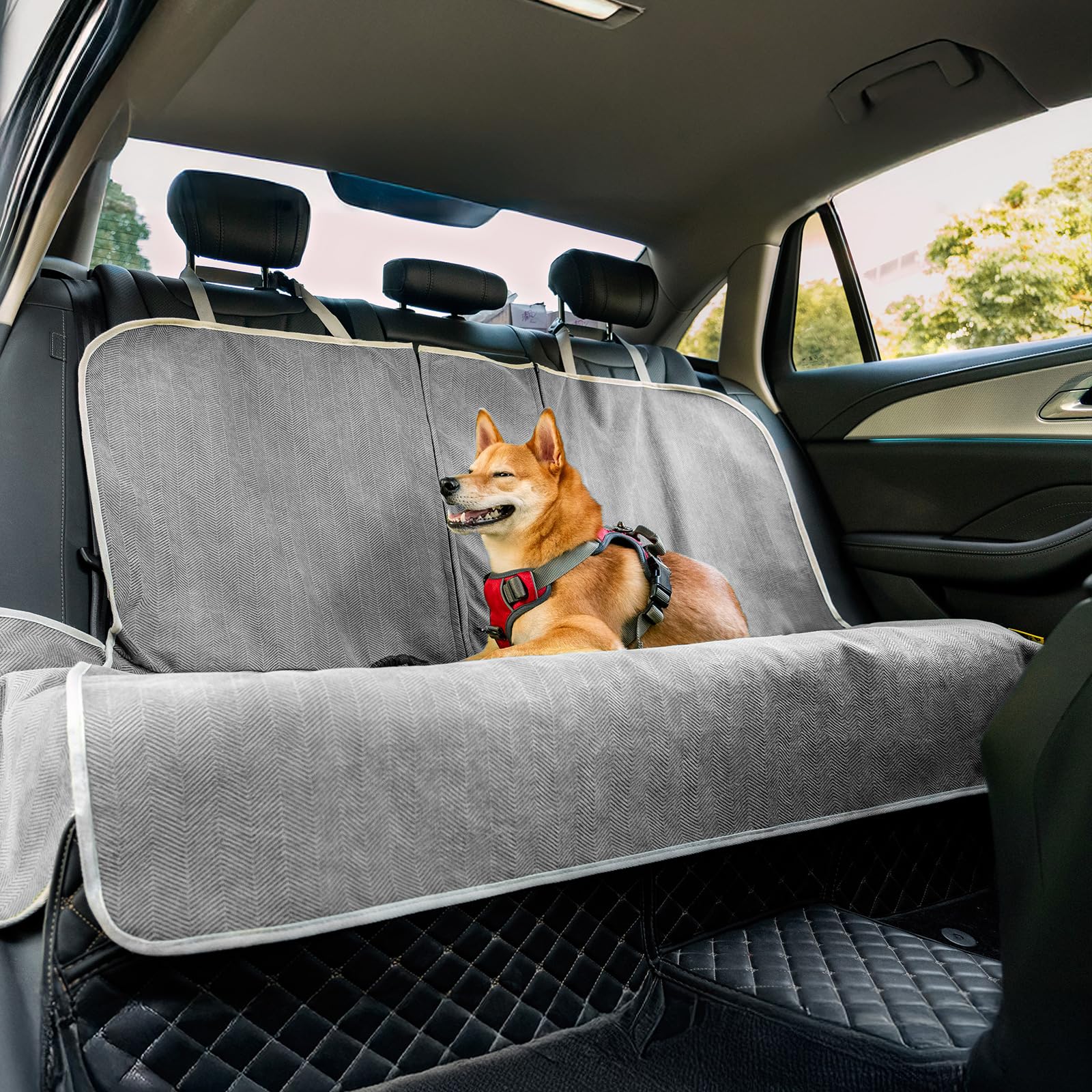 Funny Fuzzy dog seat cover back seat waterproof close-up showing durable fabric protects upholstery.