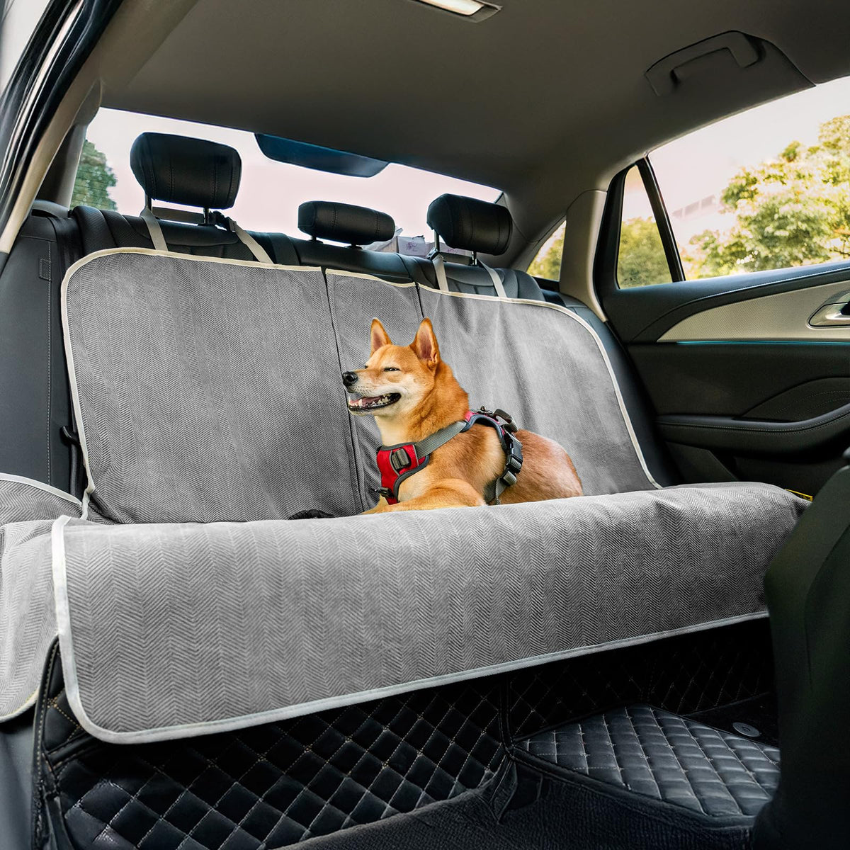 Funny Fuzzy dog seat cover back seat waterproof close-up showing durable fabric protects upholstery.