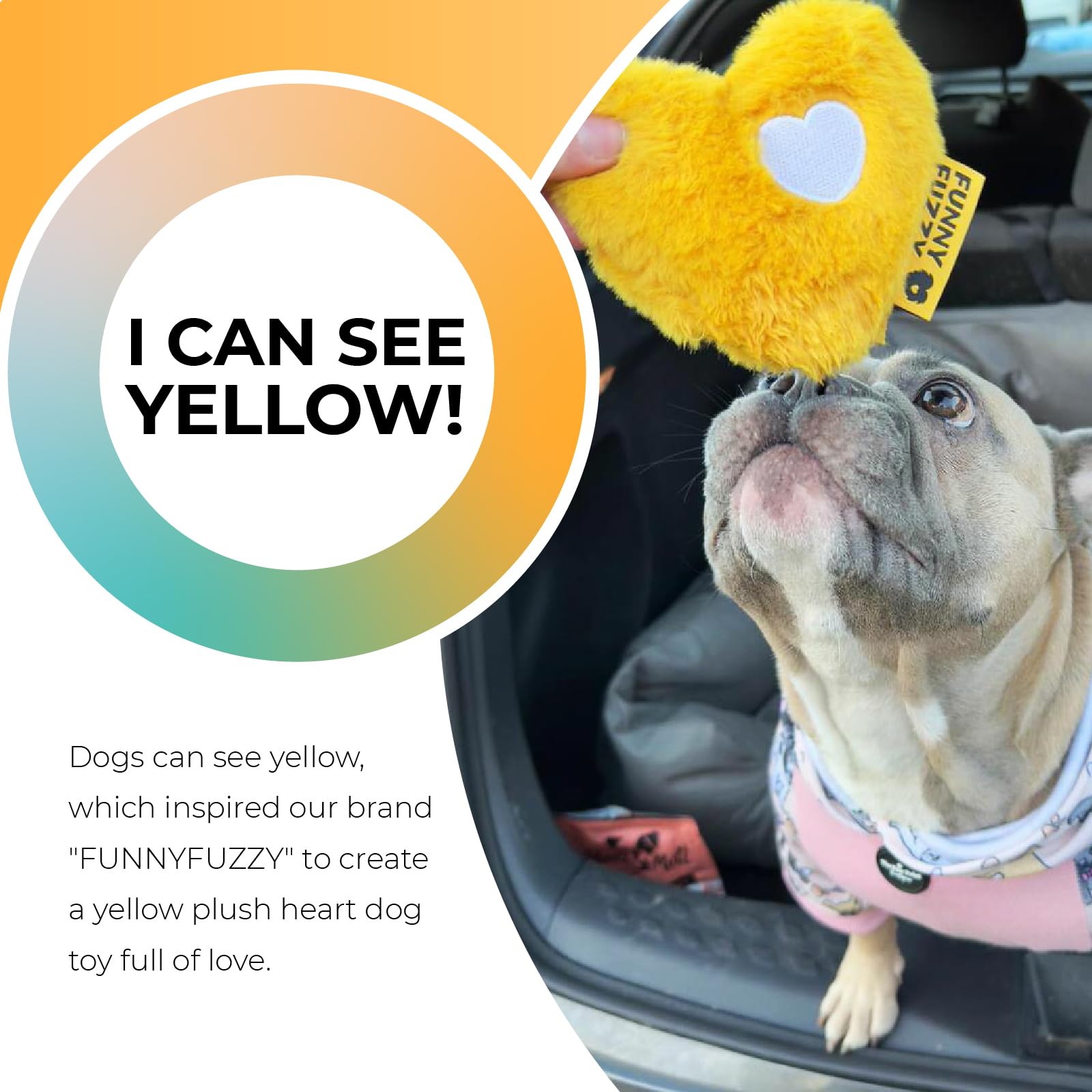 FUNNY FUZZY heart plush squeaky dog toy yellow lightweight side view for travel play