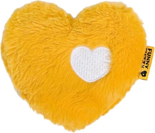 FUNNY FUZZY heart plush squeaky dog toy yellow front view for engaging playtime