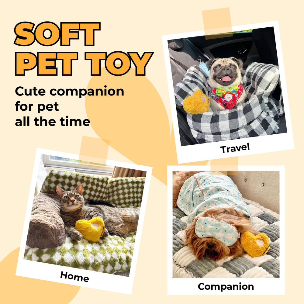 FUNNY FUZZY heart plush squeaky dog toy yellow puppy cuddling closeup enhances bonding