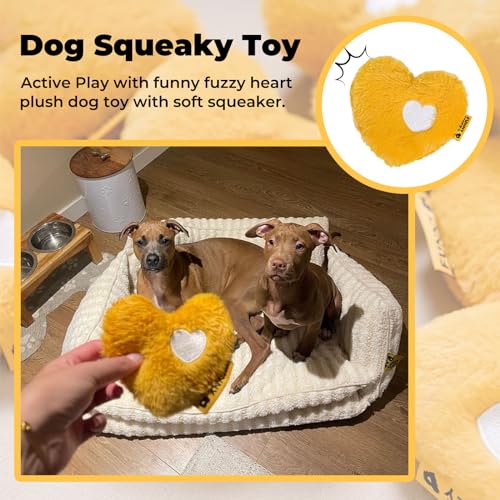 FUNNY FUZZY heart plush squeaky dog toy yellow soft cotton closeup emphasizes comfort