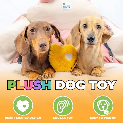 FUNNY FUZZY heart plush squeaky dog toy yellow squeaker closeup highlights appeal