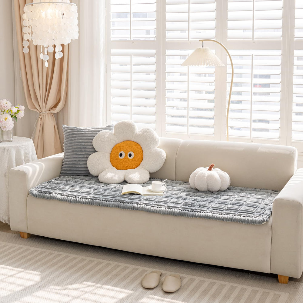 FUNNY FUZZY pet couch cover on sofa with pets and cozy setup.