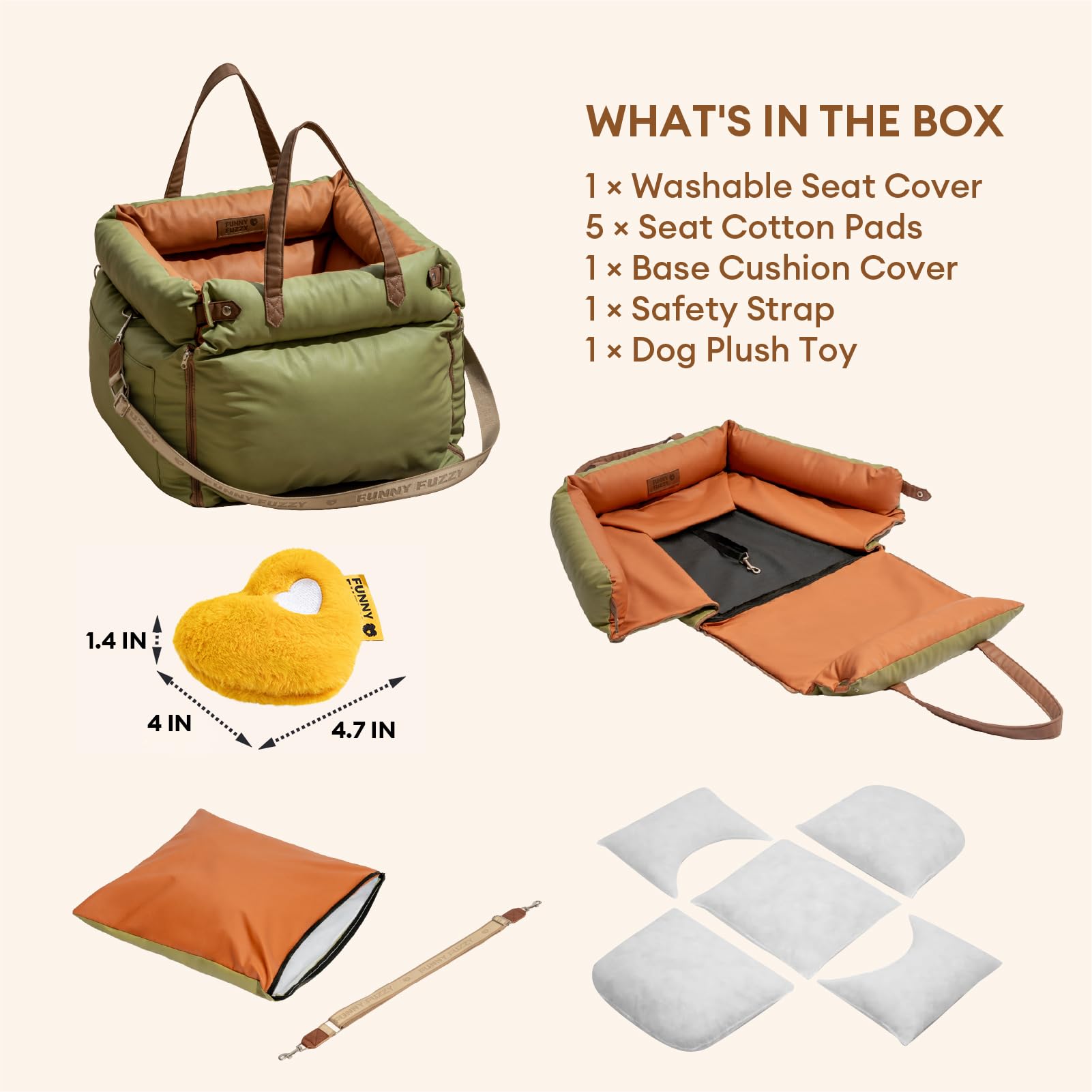 FUNNYFUZZY dog car seat carry handle enables easy transport.