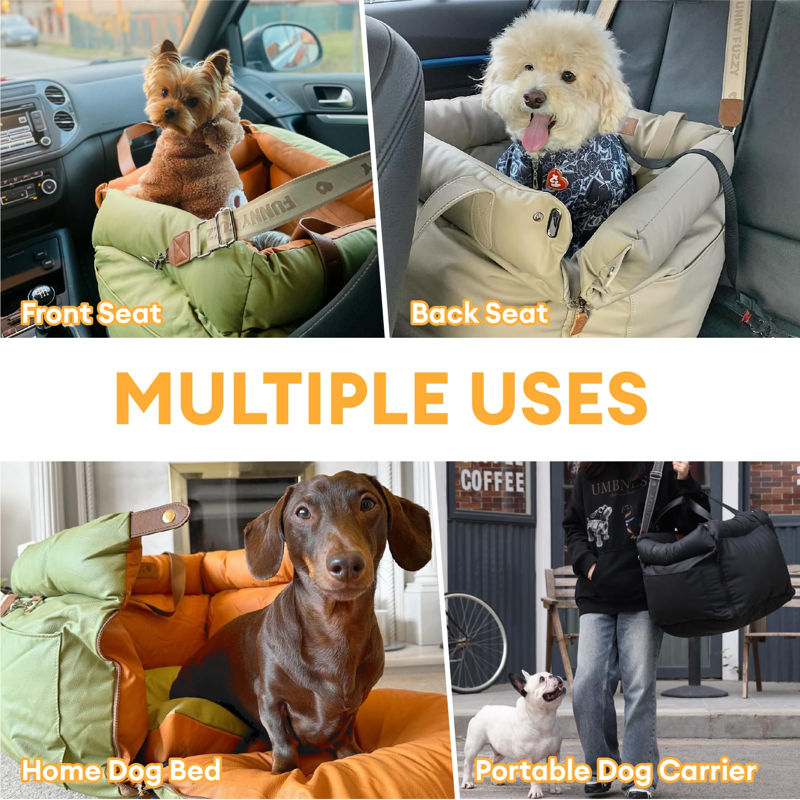 FUNNYFUZZY dog car seat expanded bed illustrates 3-in-1 versatility at home.