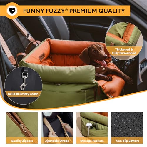 FUNNYFUZZY dog car seat side pocket highlights storage for toys and treats.
