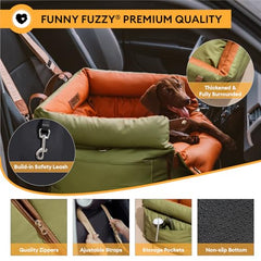 FUNNYFUZZY dog car seat side pocket highlights storage for toys and treats.