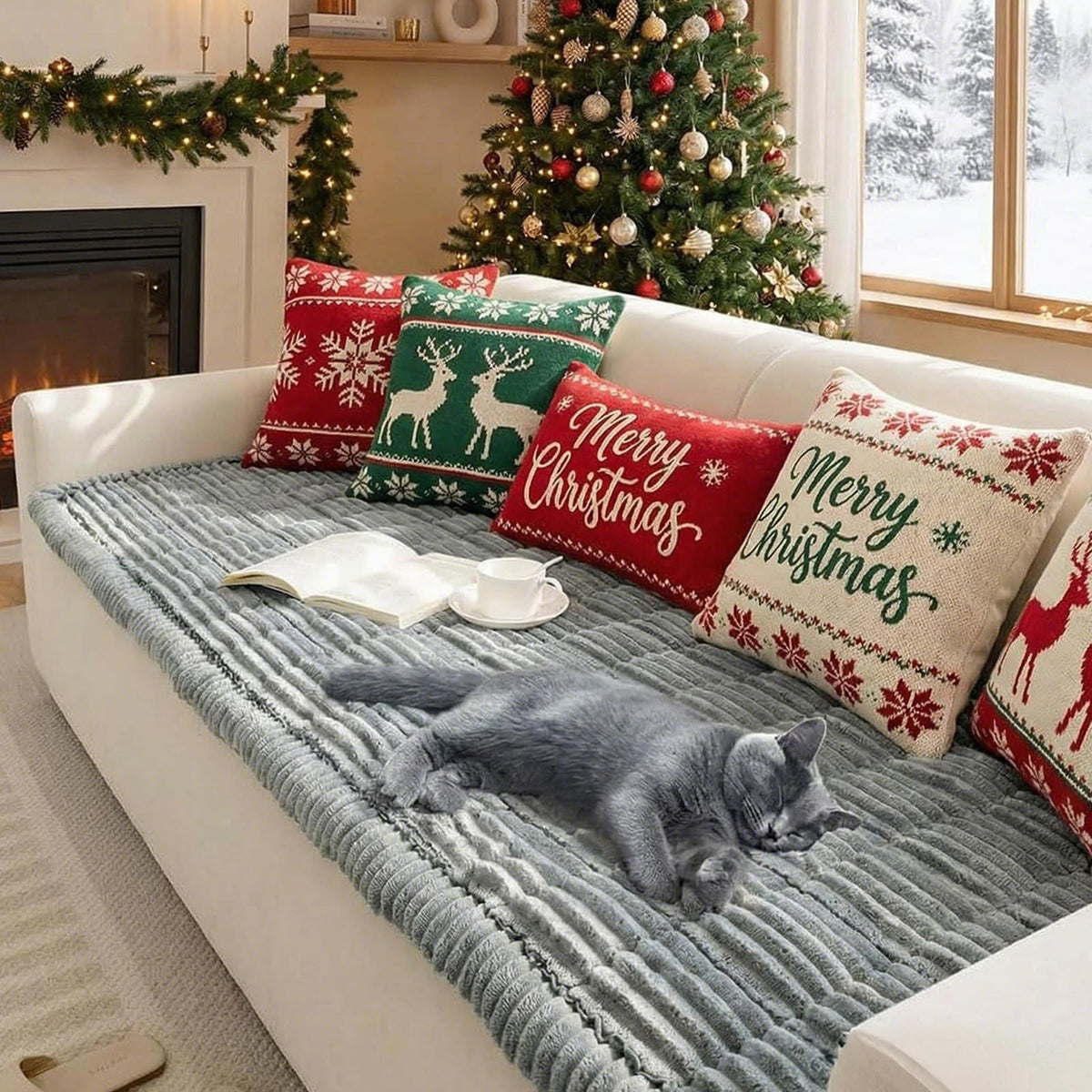 Funny Fuzzy dog couch cover blue grey closeup highlights plush, cozy comfort for pets