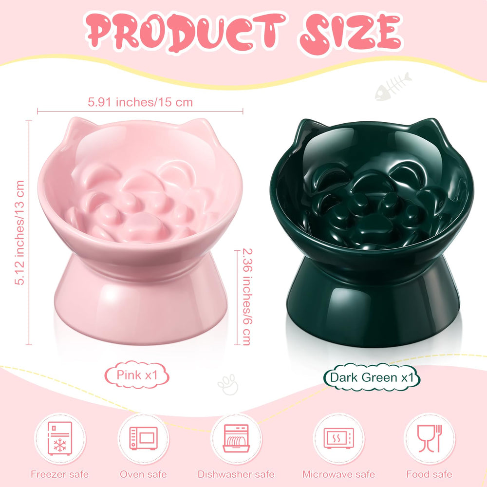 Funnymoom ceramic elevated slow feeder bowls in dark green for easy feeding.