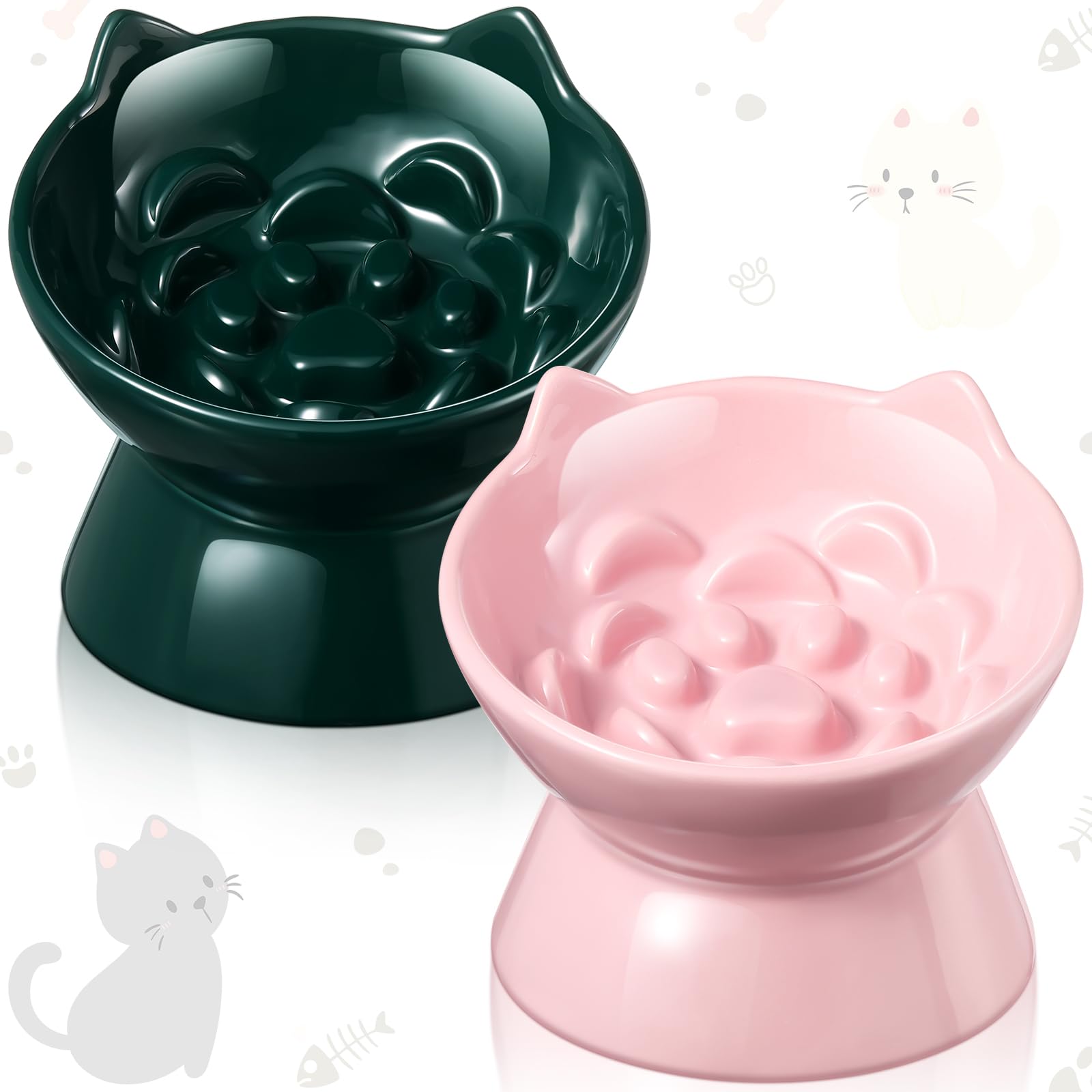 Funnymoom ceramic elevated slow feeder bowls in pink for comfortable mealtime.