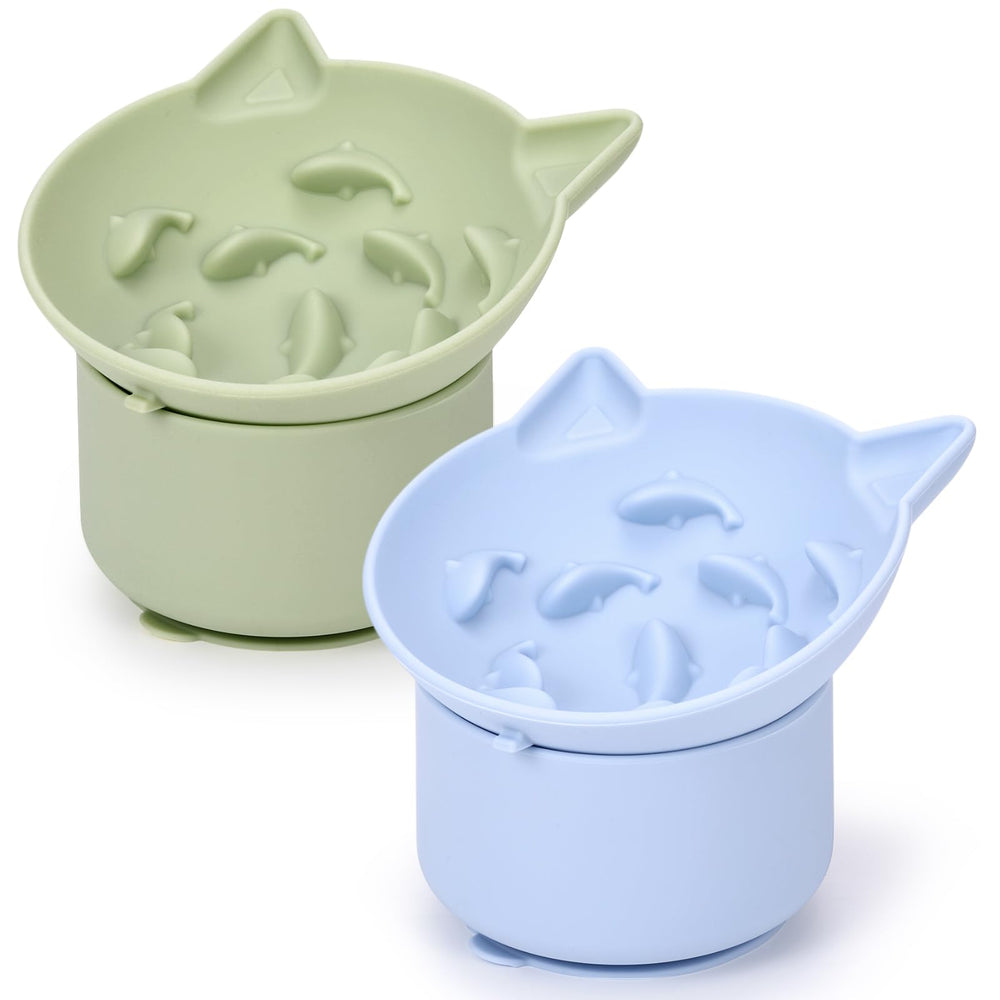Funnymoom two-pack slow feeder, green and blue, helps slow meals for calmer eating.