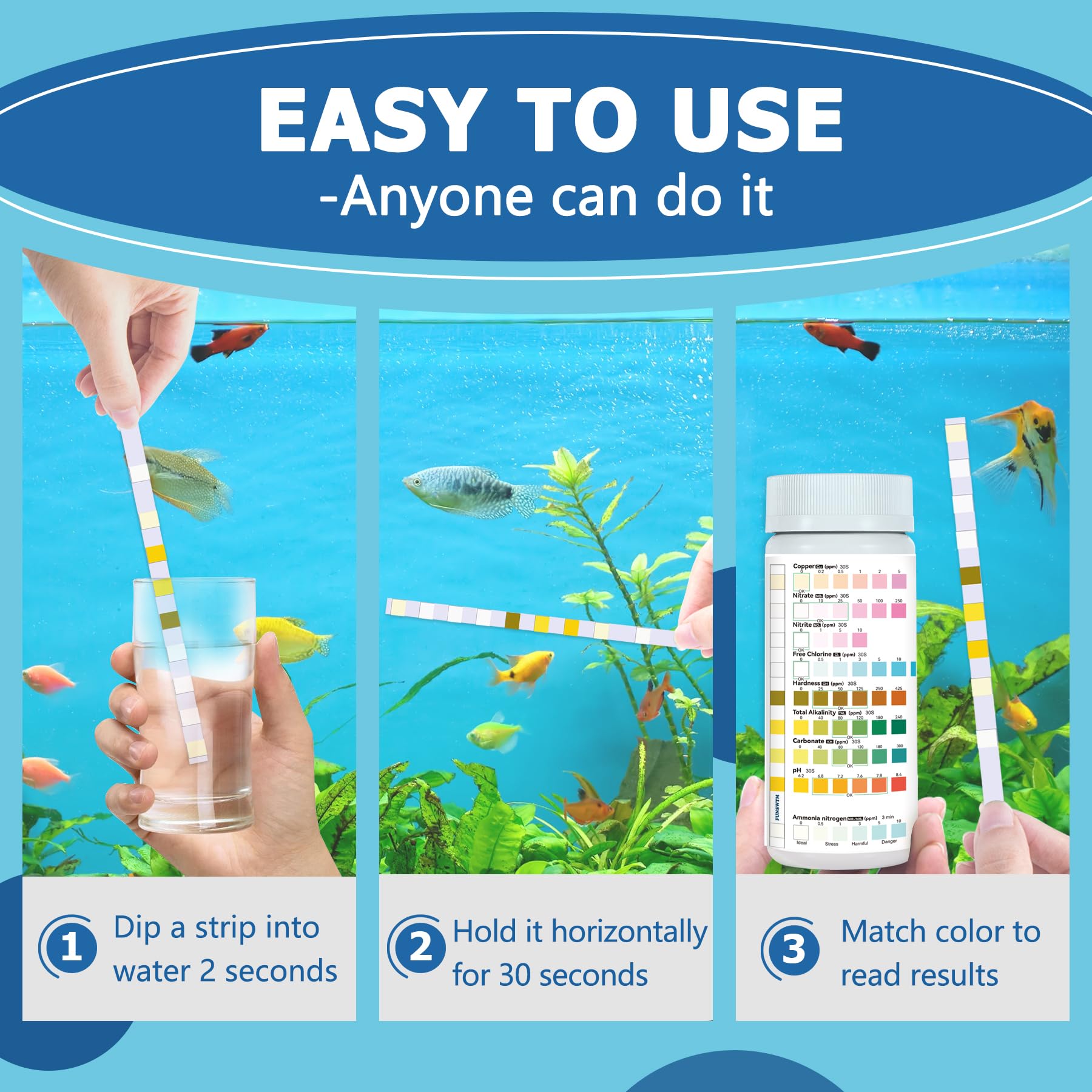FUNSWTM ammonia test strip highlights rapid ammonia monitoring for safer fish.