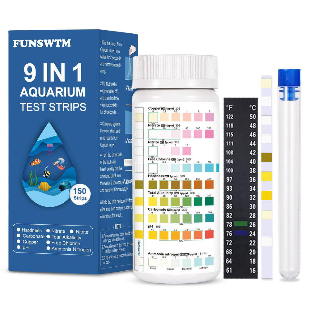 FUNSWTM aquarium test strips package shows a 150-count box for reliable water checks.