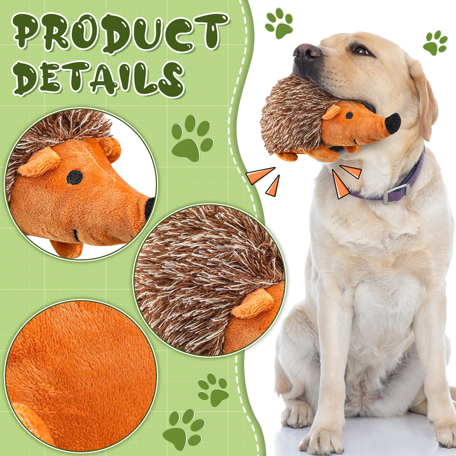 Funtery hedgehog dog toy close-up face highlights soft plush texture.