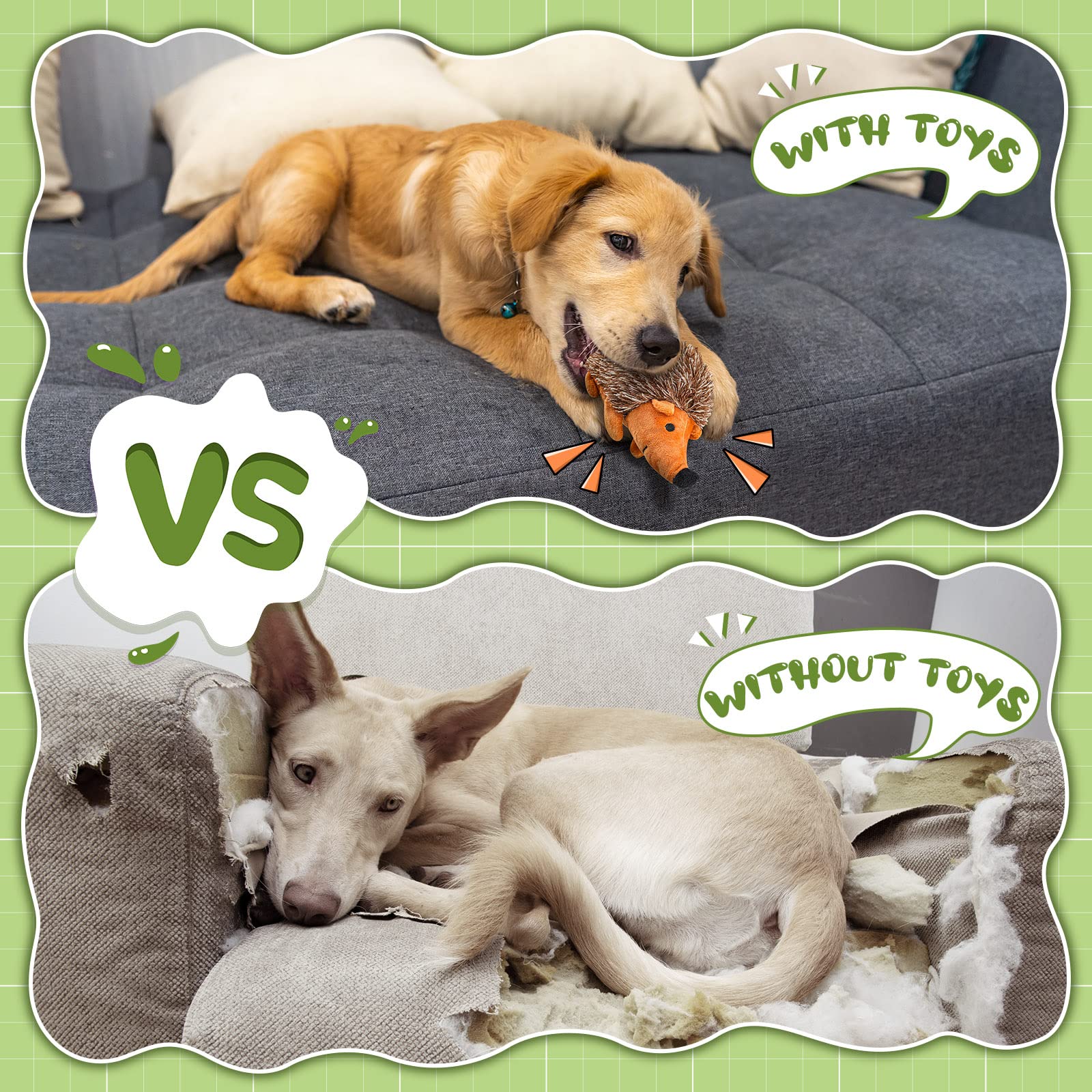 Funtery hedgehog dog toy in-use with puppy to encourage hide-and-seek play.