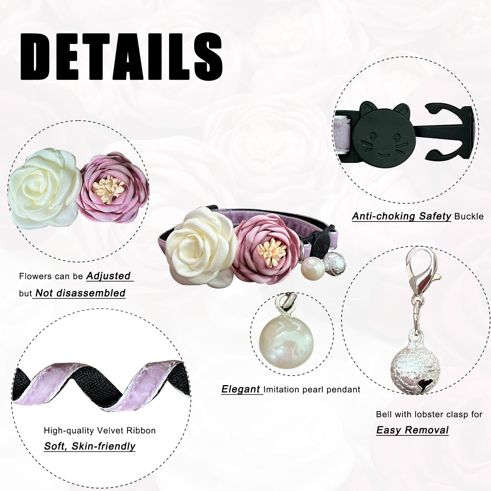 Fupo purple collar with rose detail and bell for visibility and safety
