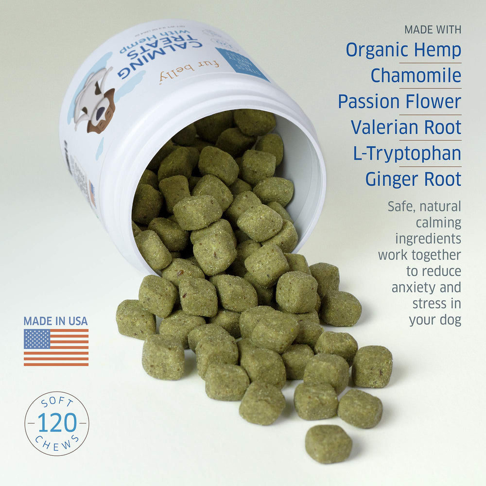 Fur Belly Hemp Calming Chews shown during thunderstorm for calmer handling