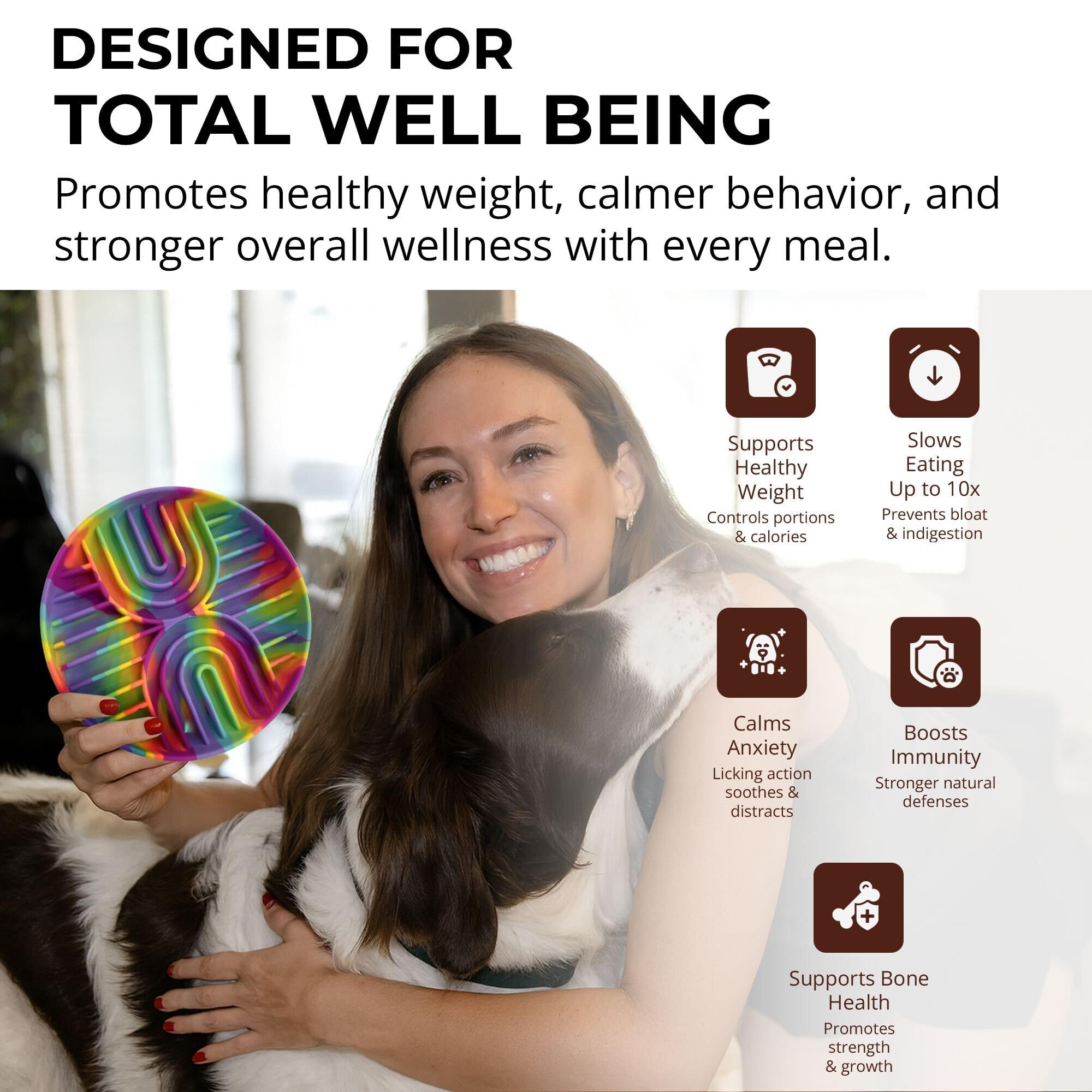 Fur-Brained rainbow slow feeder dog bowl side view showing color and stability.