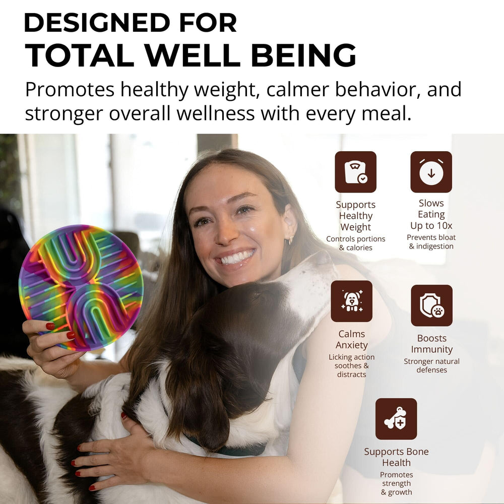 Fur-Brained rainbow slow feeder dog bowl side view showing color and stability.