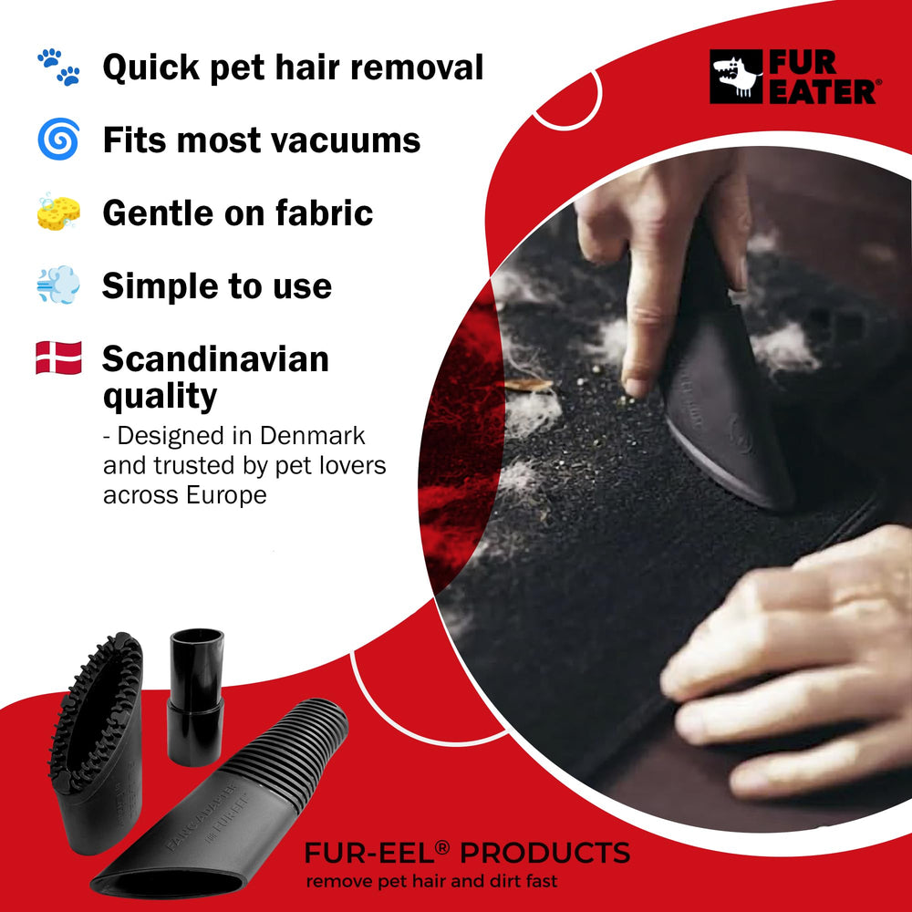 Fur-EEL soft rubber bristles lifting hair without scratching delicate surfaces.