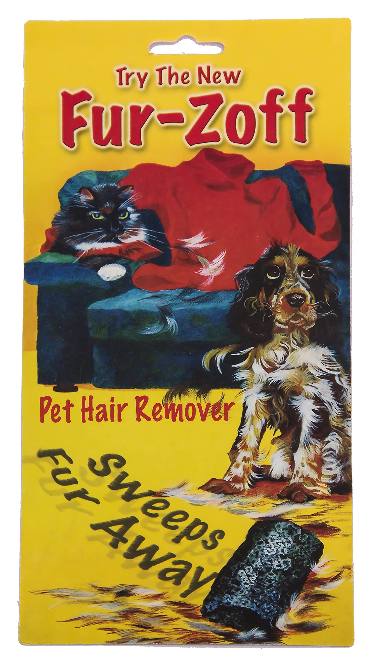Fur-Zoff on couch shows easy removal of pet hair and refreshed upholstery