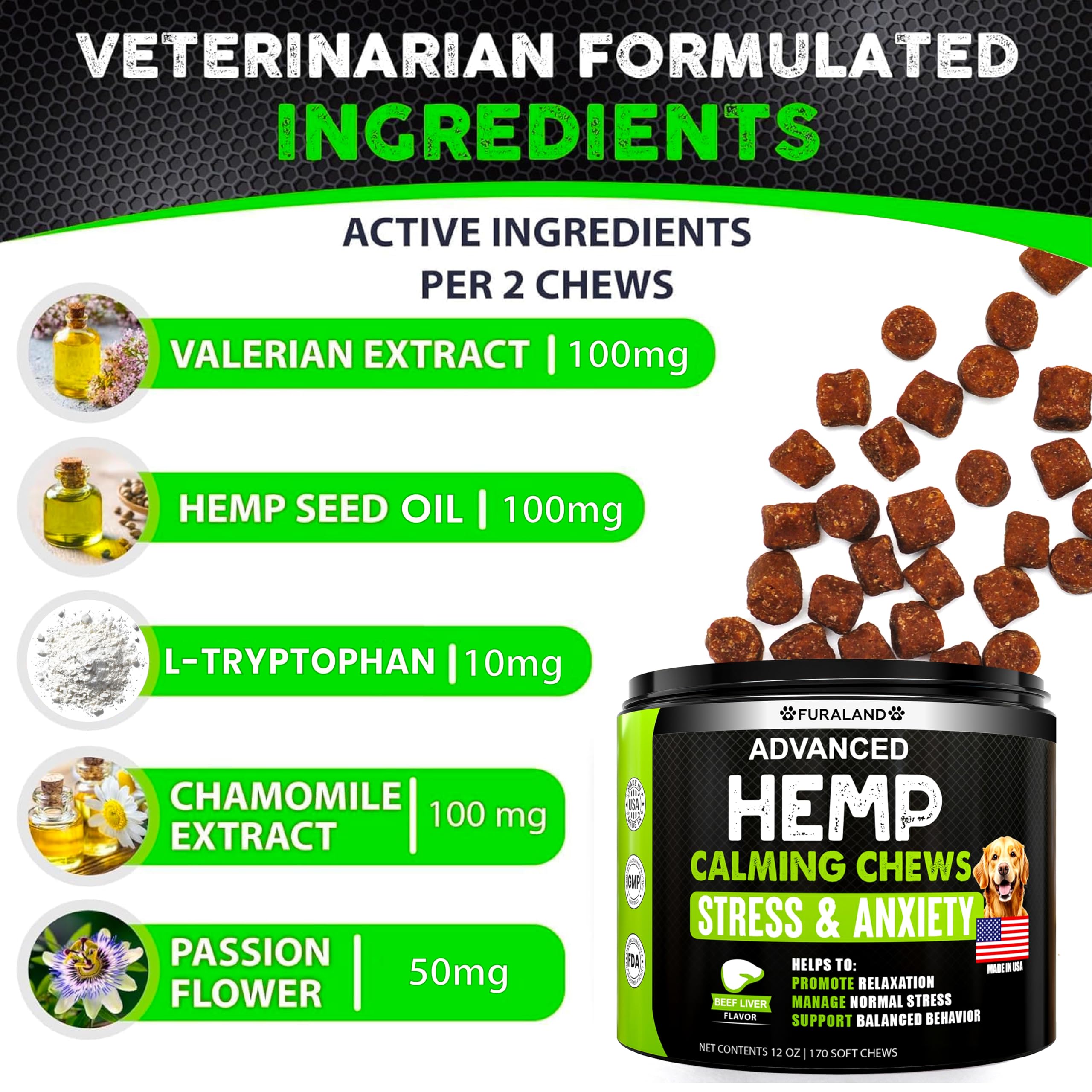 FURALAND calming treats for dogs close-up — palatable stress relief bites.