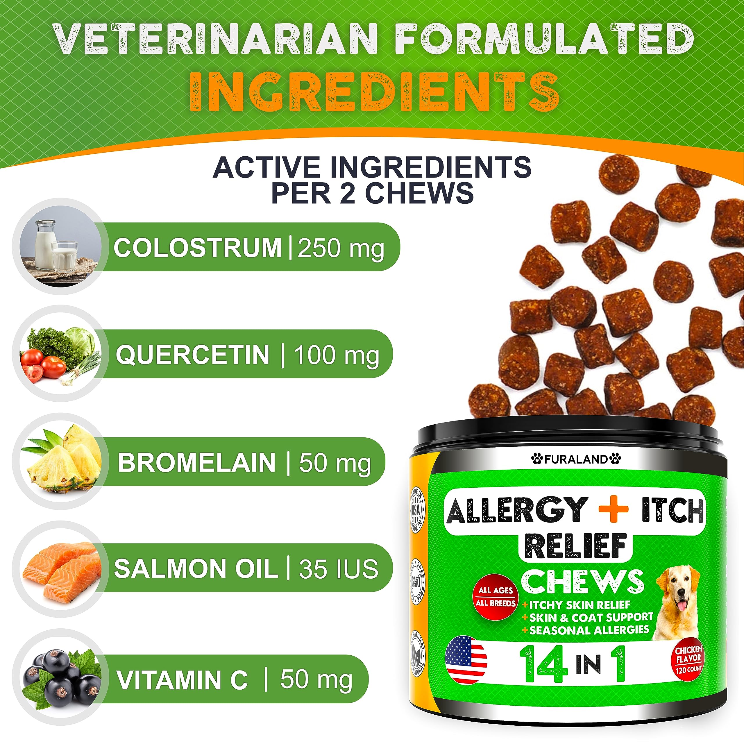 FURALAND Dog Allergy Relief Chews dog eating treat during calm afternoon