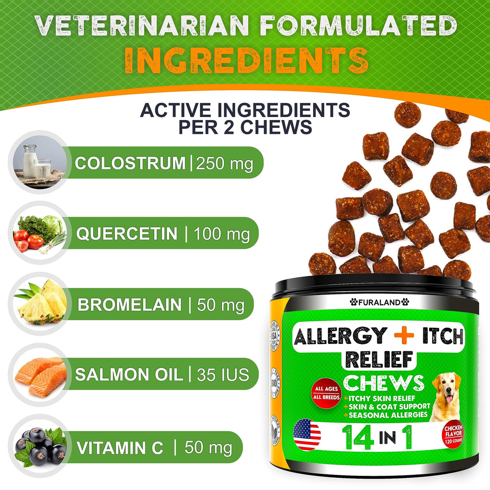 FURALAND Dog Allergy Relief Chews dog eating treat during calm afternoon