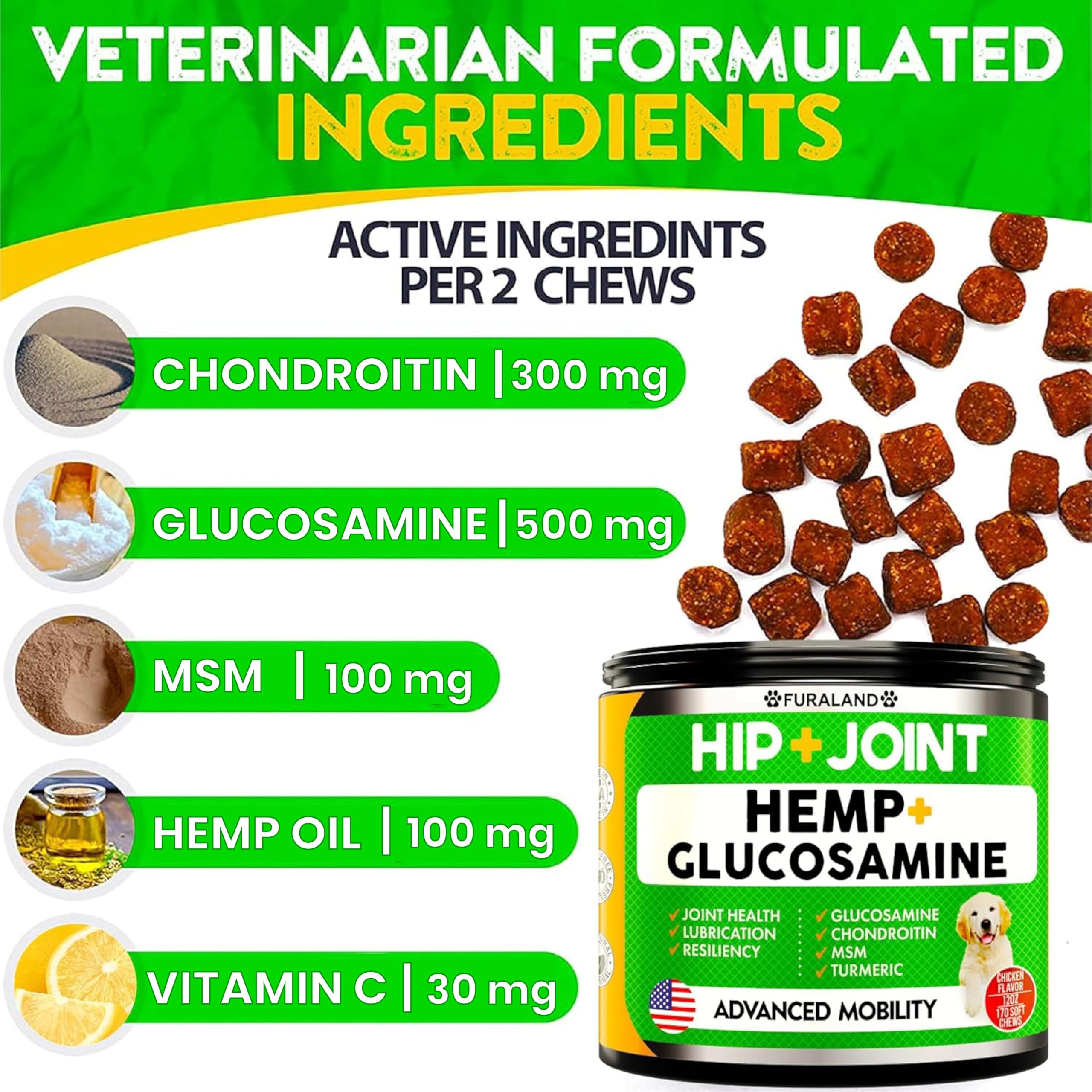 FURALAND dog hip joint supplement ingredients (glucosamine, chondroitin, MSM) to support joints.