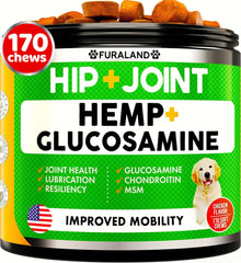 FURALAND dog hip joint supplement bottle supports mobility and joint comfort.