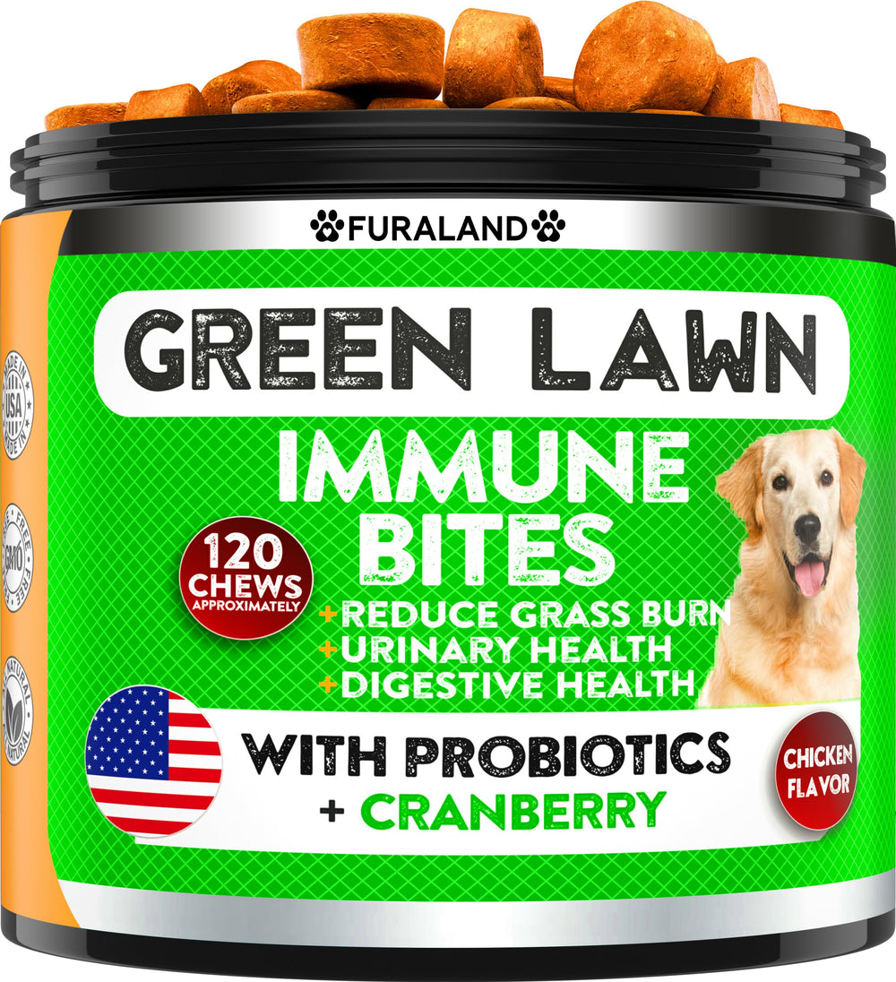 FURALAND Grass Burn Spot Chews bottle close-up highlighting urinary health support