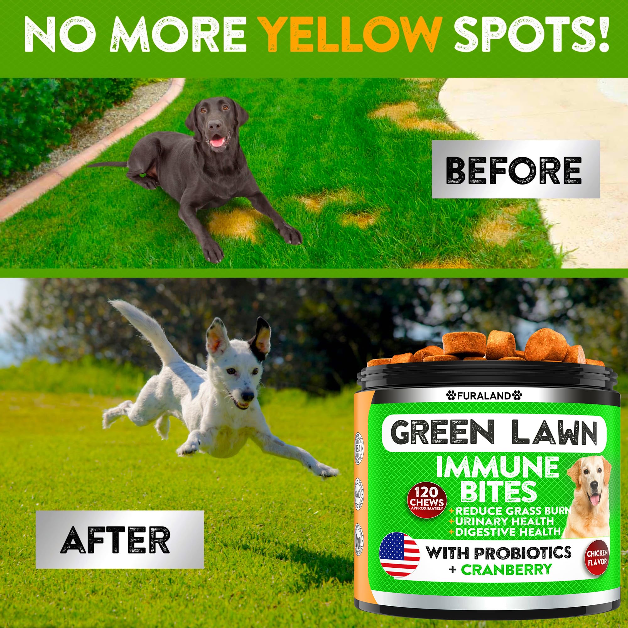 FURALAND Grass Burn Spot Chews tub open showing probiotic bites