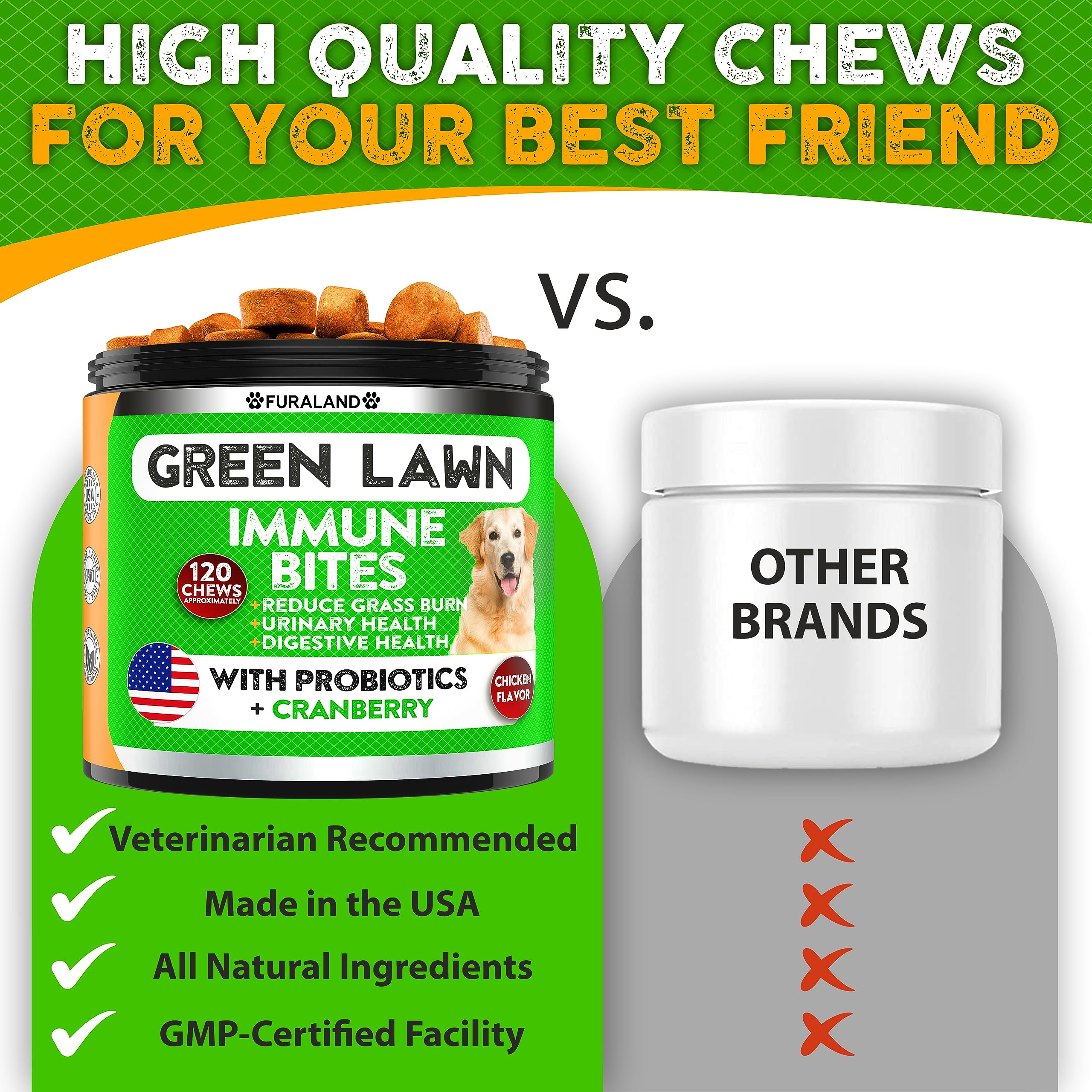 FURALAND Grass Burn Spot Chews probiotic pieces on green lawn illustrate lawn-care benefits