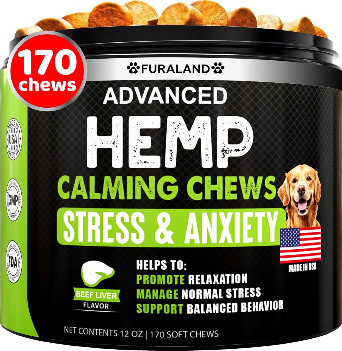 FURALAND hemp calming chews for dog bottle — convenient anxiety relief on the go.