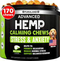 FURALAND hemp calming chews for dog bottle — convenient anxiety relief on the go.