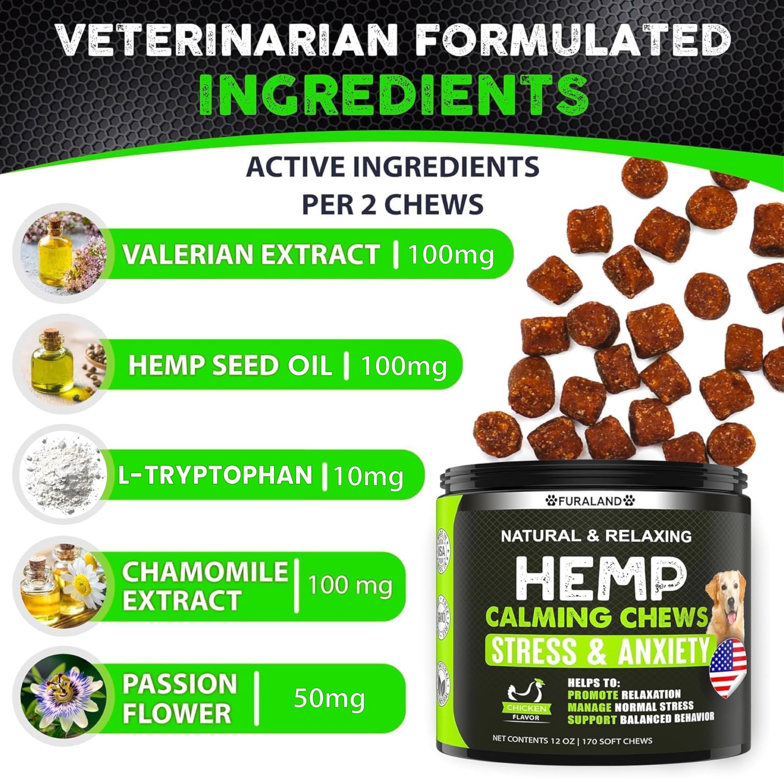 FURALAND hemp calming chews ingredients – valerian, melatonin, hemp oil for gentle support.
