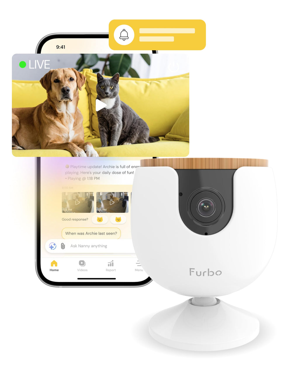 Furbo mini camera front view for real-time pet monitoring and peace of mind.