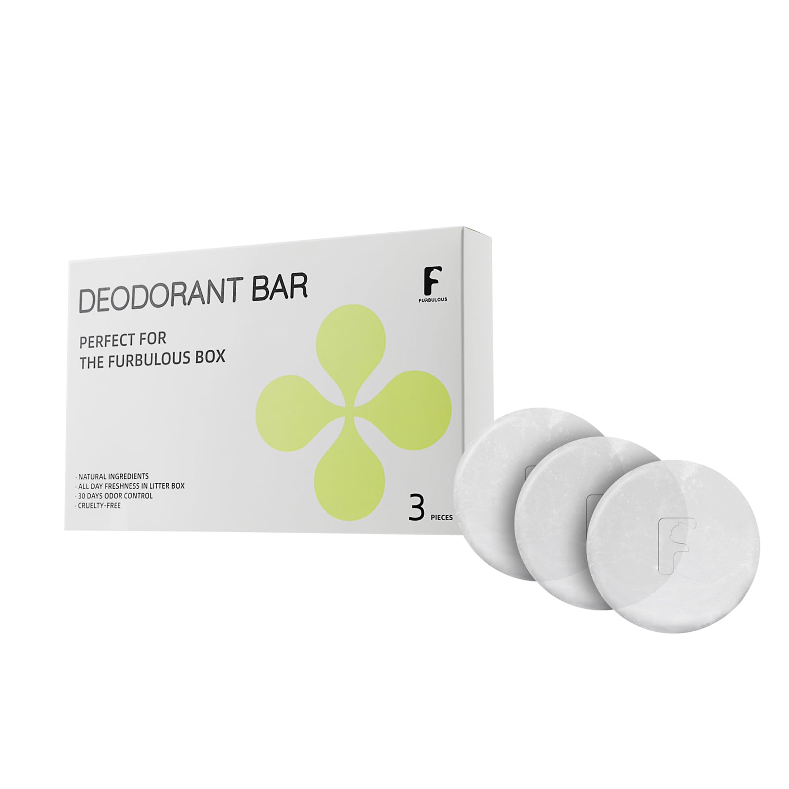 Furbulous deodorant bar 3-piece set packaging shows odor management potential near litter area